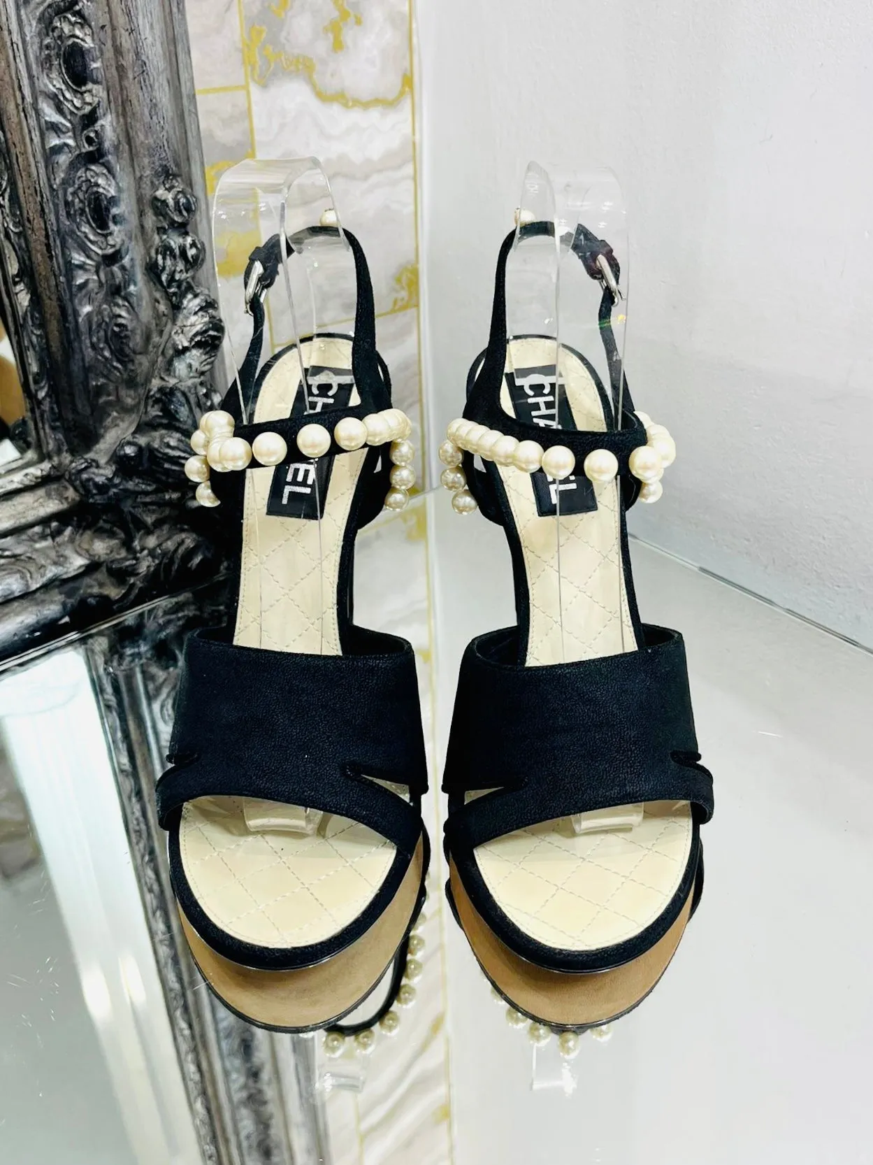 Chanel Pearl Trim Midi Heels. Size 40