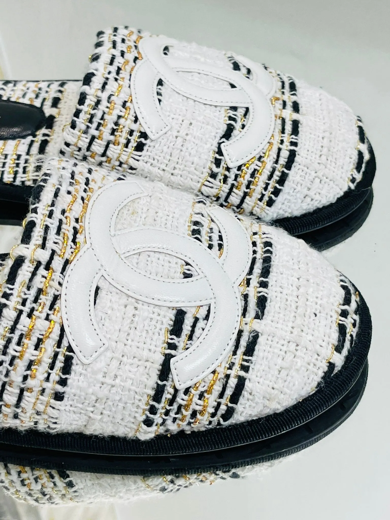 Chanel Tweed 'CC' Logo Slippers. Size S