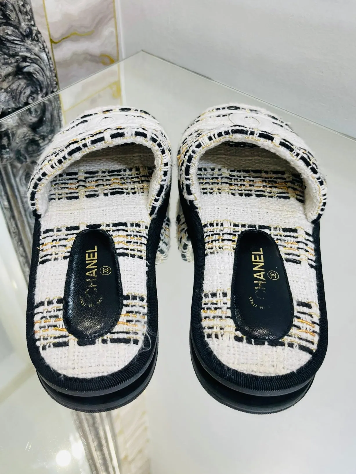 Chanel Tweed 'CC' Logo Slippers. Size S