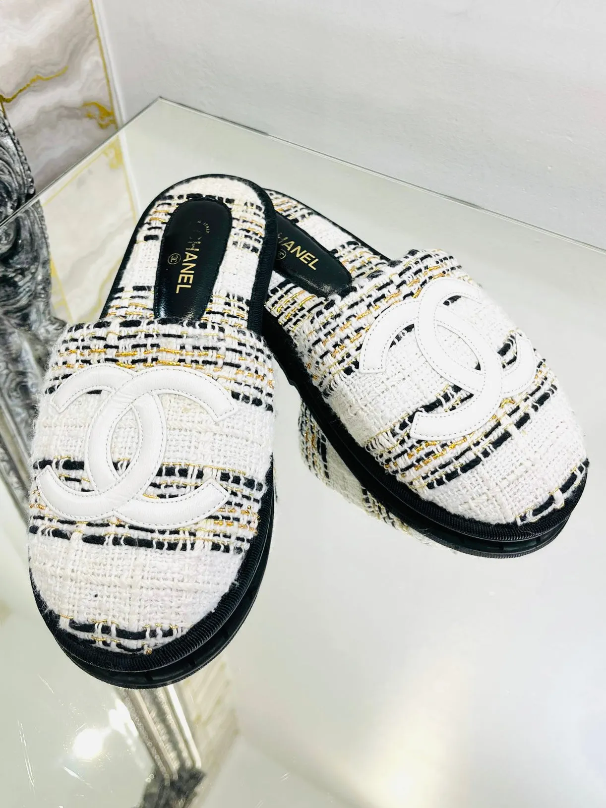 Chanel Tweed 'CC' Logo Slippers. Size S