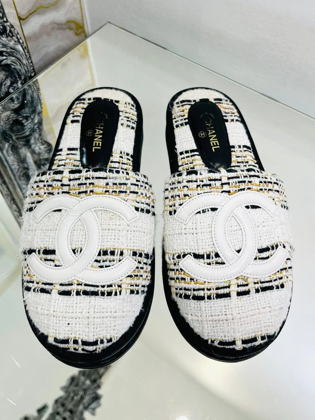Chanel Tweed 'CC' Logo Slippers. Size S