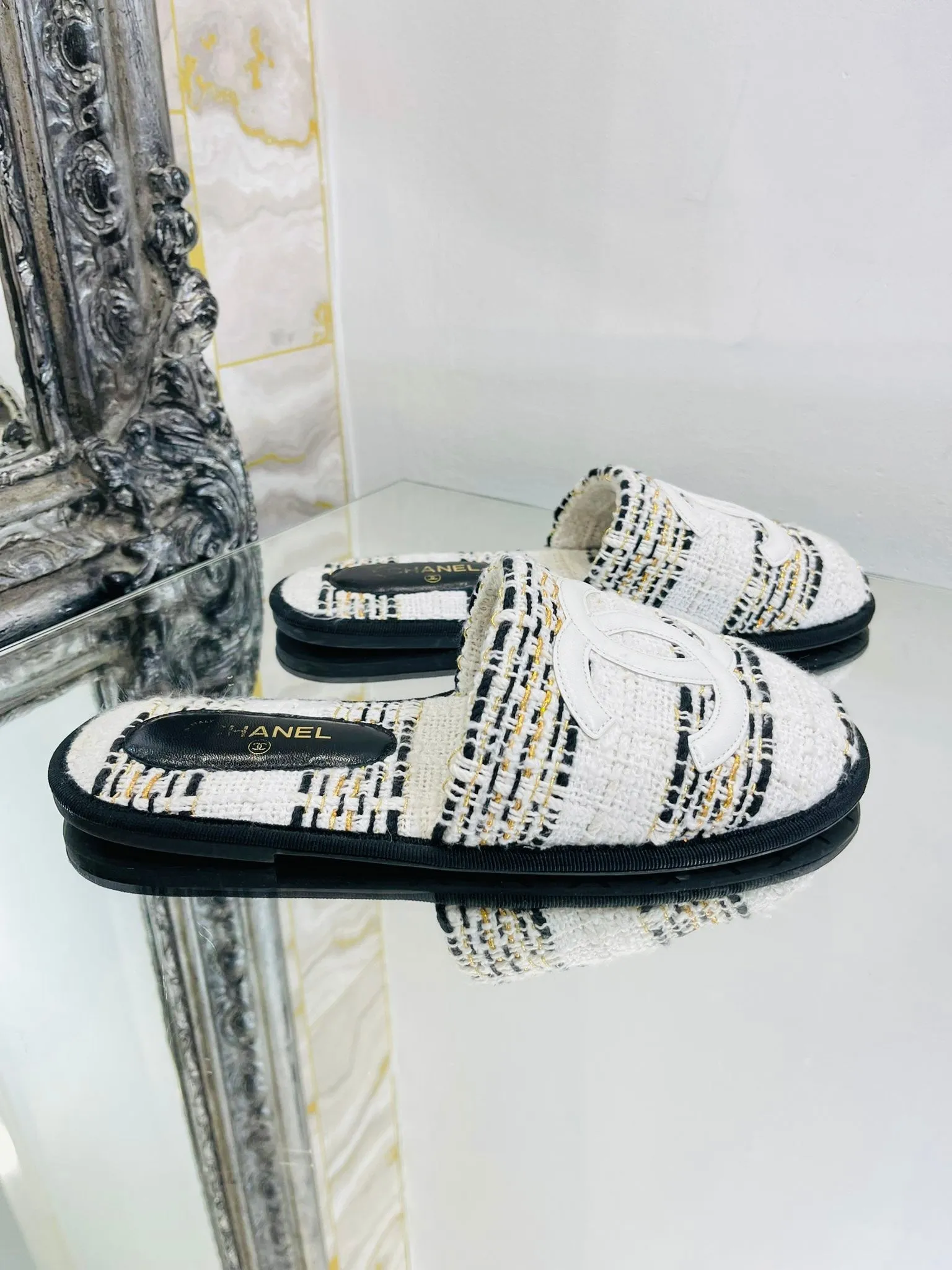 Chanel Tweed 'CC' Logo Slippers. Size S