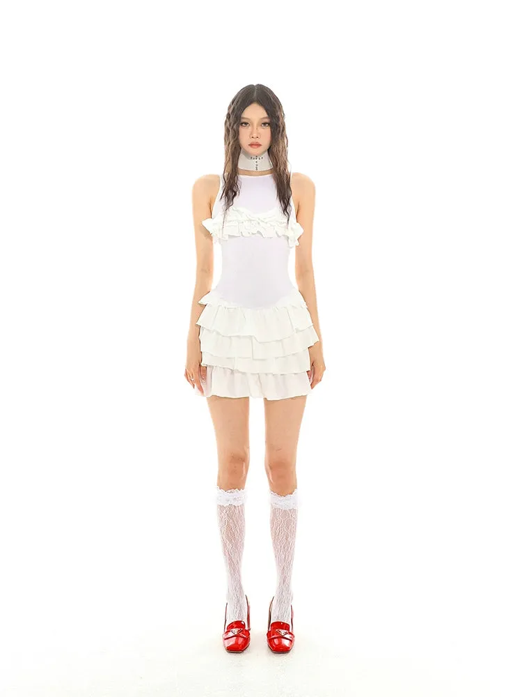 Layered Ruffle Mini Dress with Lace-Up Back