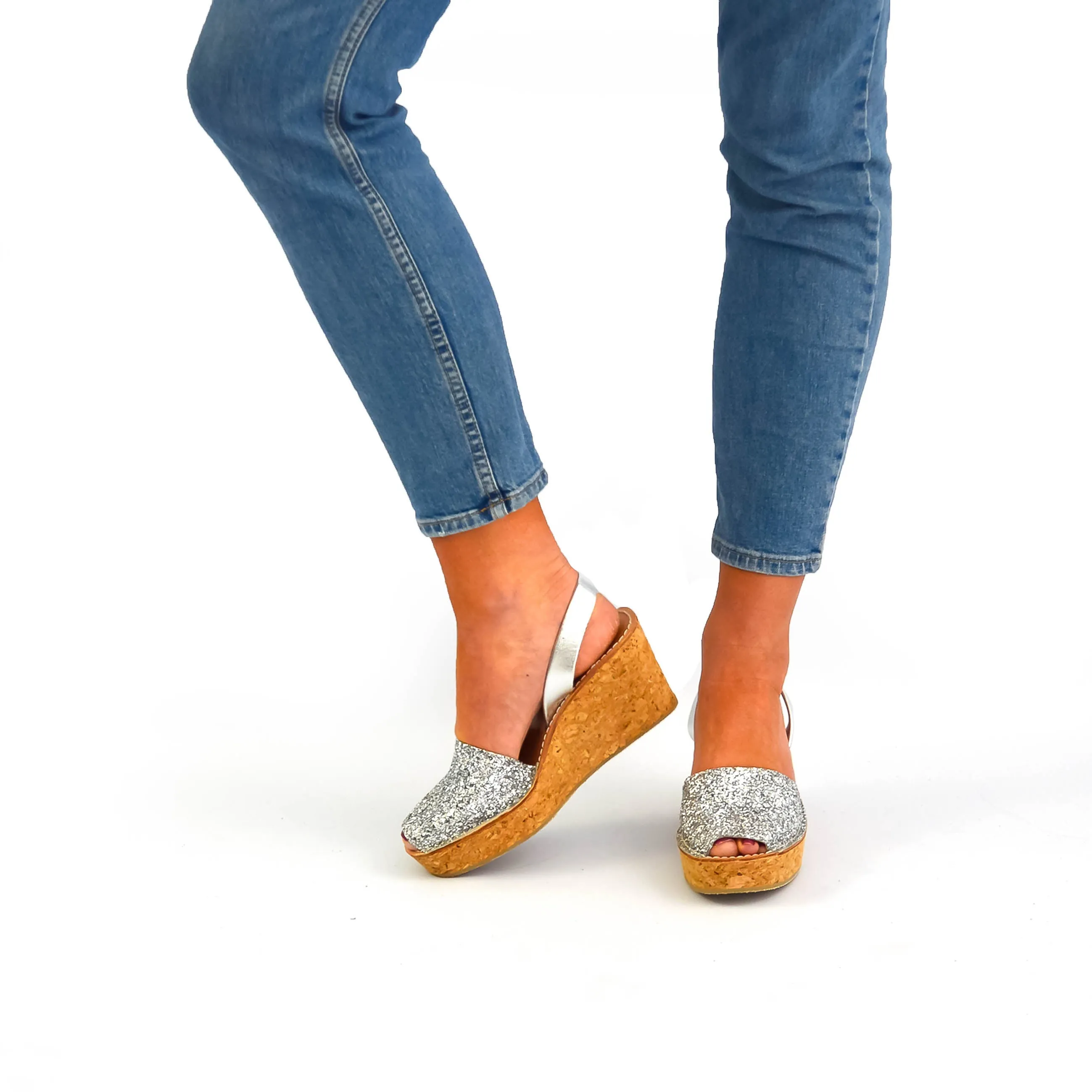 Silver Glitter Cork Wedges