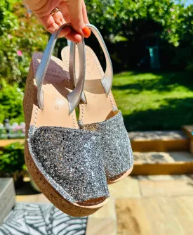 Silver Glitter Cork Wedges