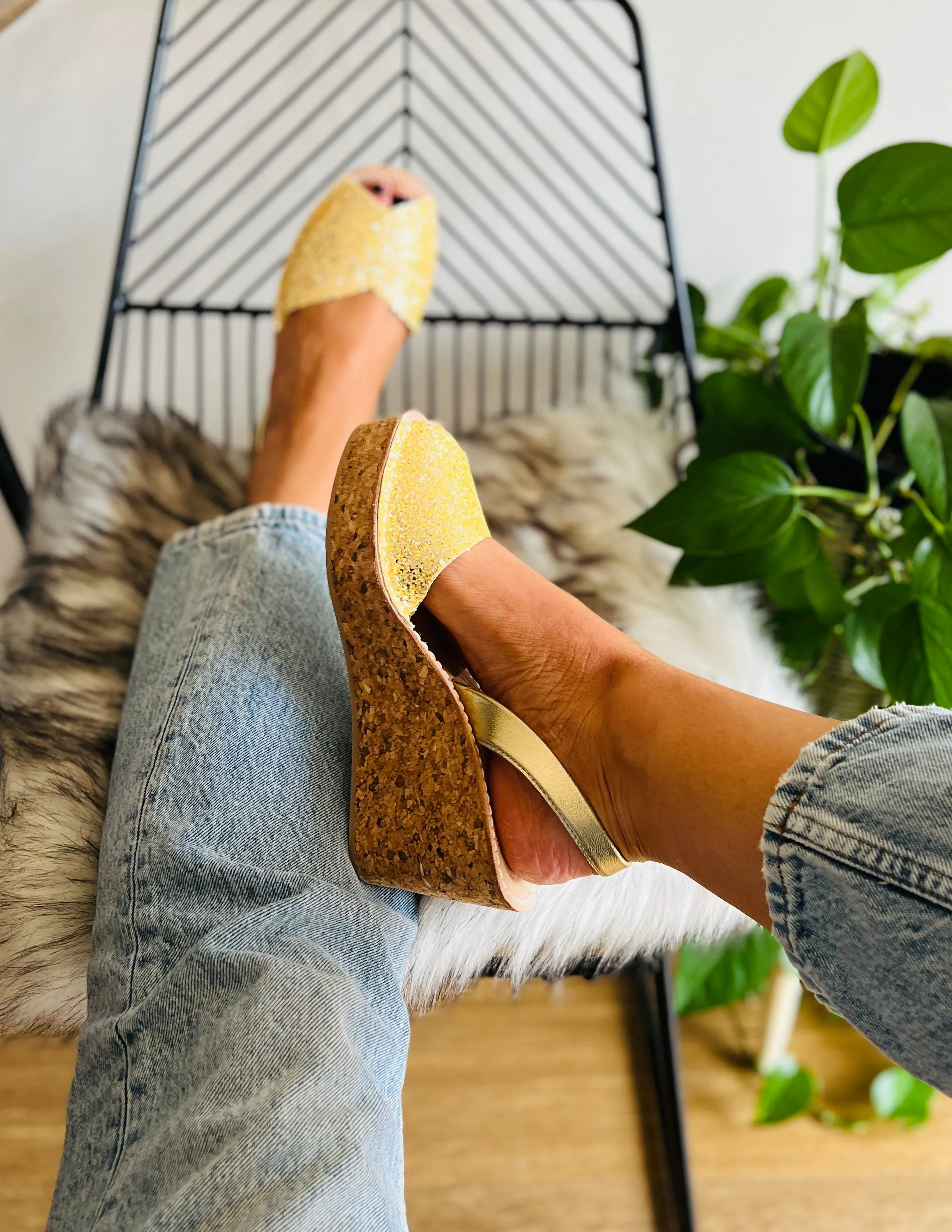 Sunburst Glitter Cork Wedge